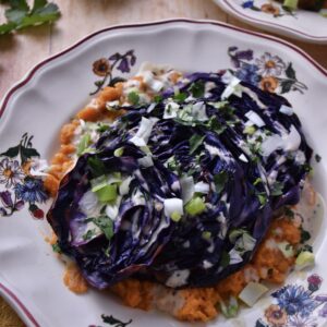 Roasted red cabbage and sweet potato with tahini sauce