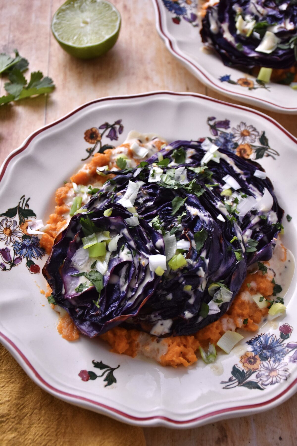 roasted red cabbage and sweet potato with scallions, cilantro, and tahini