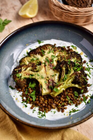 Roasted Broccoli and Crispy Lentils with Whipped Goat Cheese