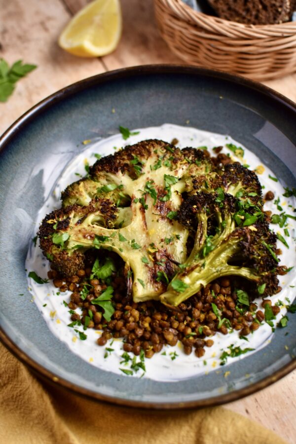 Roasted Broccoli and Crispy Lentils with Whipped Goat Cheese